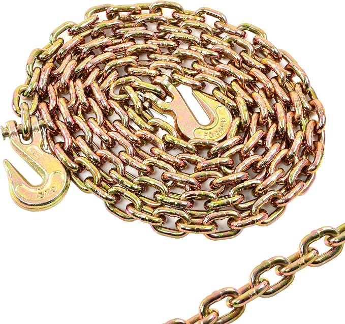 Heavy Duty G80 Transport Binder Chain 5/16'' Inch x 10 Feet,Tow Chain with G70 Clevis Grab Hooks,4900 lbs Safe Working Load Logging for Transporting, Towing(5/16'' x 10FT Yellow).