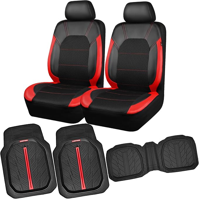 CAR PASS Universal Leather Seat Covers Full Sets, DeepDish Rubber Floor Mats for car Heavy Duty car mats,Car Seat Covers for SUV Sedan Van Truck, Airbag Compatible(Black Red)