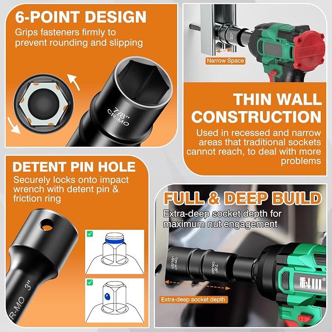 XEWEA 1/2" Drive 12PCS Lug Nut Remover and 6PCS Flip Impact Socket Set, Wheel Lock Removal Kit, Thin Wall Nut Sockets Easy Out Extractor Set for Damaged, Frozen, Rusted, Rounded-Off Bolts