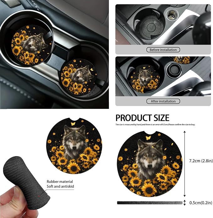 Wolf Sunflower Butterfly Print 15 Pack Car Seat Cover Set with Steering Wheel Covers Seatbelt Strap Pad Garbage Cans Rear View Mirror Cover Coasters Key Chain Universal Fit