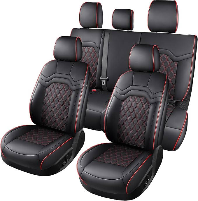 Huidasource Wrangler JK Seat Covers 4 Door 2007-2017, Waterproof Leather Seat Cover Protectors for Jeep Wrangler Unlimited Sahara, Rubicon, Sport, Willys (Full Set/Black&Red)