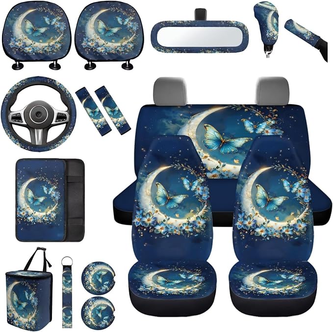 Blue Butterfly Car Accessories Set 17 Pack,Moon Car Seat Covers Full Set with Front and Rear,Headrest Covers,Steering Wheel Covers,Rear View Mirror Cover,Handbrake Sleeve Cover Key Chain