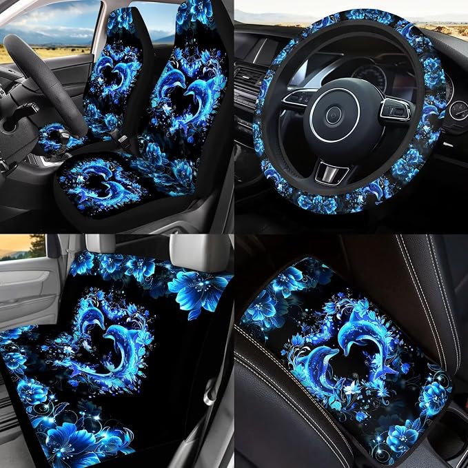 Neon Dolphins Car Seat Covers Full Sets of 17 Pack,Blue Dolphins Car Accessories Sets for Women with Animals Auto Seat Head Rest Protector Rear View Mirror Cover,Steering Wheel Car Cover
