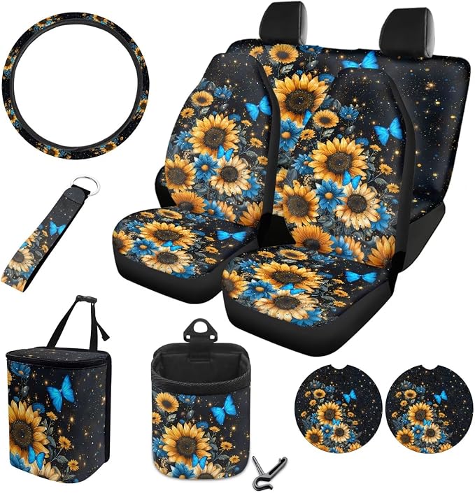Sunflower Butterfly Pattern 10 Pieces Car Accessories, Auto Seat Covers Full Set Steering Wheel Cover Cup Holders Car Garbage Can Air Vent Storage Bag Keychains Universal Fit for Most Cars