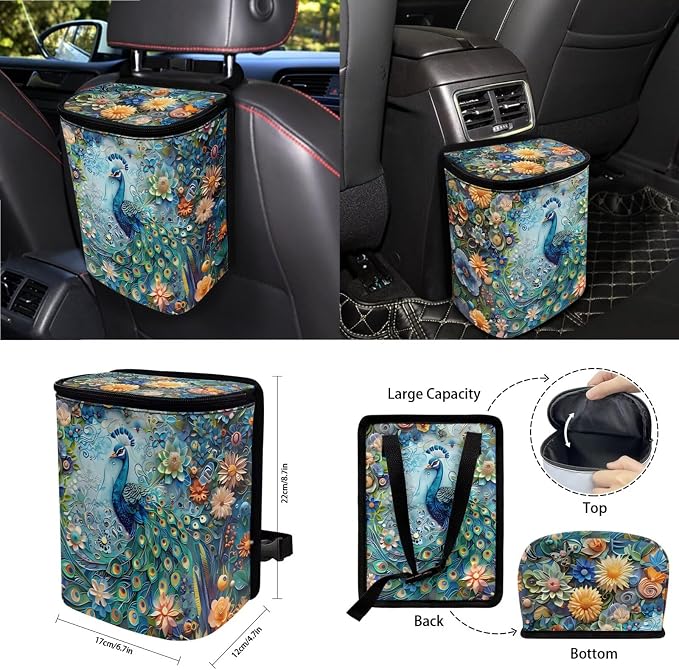 Peacock Flower Print 15Pcs Car Interior Cover Set Includes Car Seat Covers Front and Back Full Set Steering Wheel Cover Safety Belt Pads Rear View Mirror Protector Cup Mats, Blue