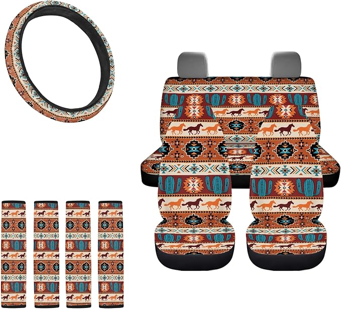 Western Seat Covers Full Set with Aztec Western Horse Steering Wheel Cover, Shoulder Pads, Cactus Seat Covers Car Accessories Universal Fit for Most Cars, Brown