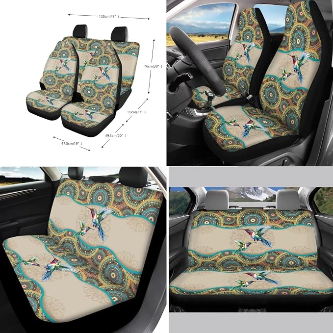 Suobstales Bohemia Mandala Hummingbird Seat Covers for Cars Full Set 11-Pcs, Car Accessories Steering Wheel Cover + Seat Belt Covers Pads + Coasters + Keychains for Women Interior Accessories Decor