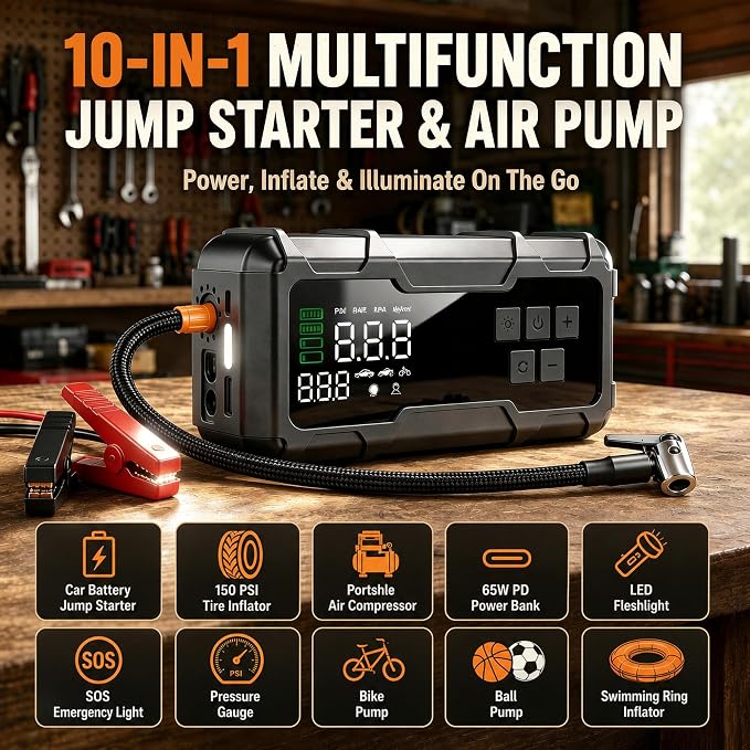 9000A Car Jump Starter with Air Compressor, Portable Battery Booster Pack Tire Inflator, Power Bank Cars Owner SUVs Trucks Road Trips Gift