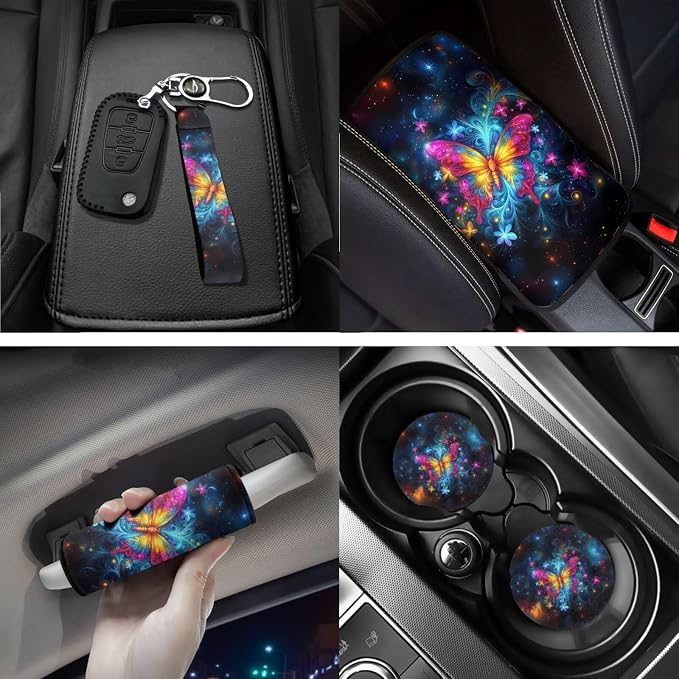 18 Pcs Colorful Butterfly Car Interior Accessories Set for Women, Car Seat Covers with Steering Wheel Cover Floor Mats Seat Belt Pads Armrest Pad Roof Handle Wraps Cup Coasters Keychains