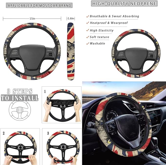 Biyejit Eagle American Flag Car Interior Seat Cover Full Set Front and Rear Bench Bucket Seat Cover Protector with Auto Seat Belt Cover+Keychains+Automotive Cup Holders+ Steering Wheel Cover