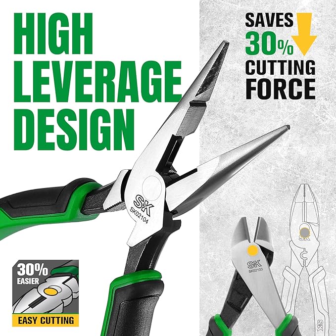 SK 5-Piece Pliers Set, 8" Needle Nose & Slip Joint & Diagonal Pliers, 9.5" Linesman, and 10" Groove Joint, CR-V Construction, Anti-slip Handle, with Rolling Pouch