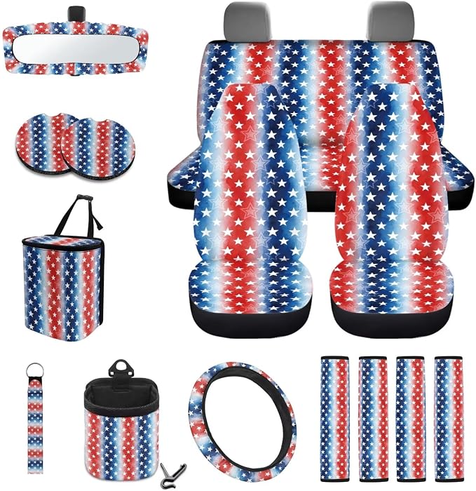Wanyint Car Seat Cover Set 15 PCS, with Steering Wheel Seat Belt Strap Rear View Mirror Cover Trash Can Cup Coaster Keychain Air Vent Storage Bag 4th of July Patriotic Decor, Star Stripe US Flag