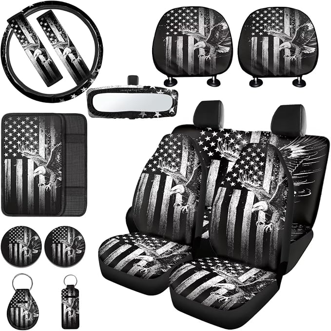 American Flag Car Seat Cover Full Set Eagle Printed Auto Steering Wheel Cover Seat Belt Protector Armrest Pad Auto Rear View Mirror Protector Set of 15, Car Accessories Set, Grey