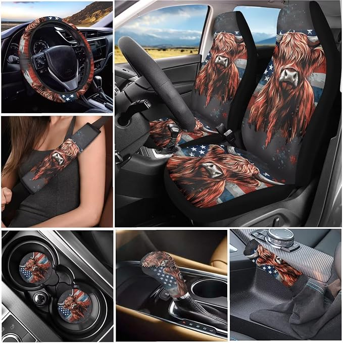 Tupalatus American Flag Highland Cow Car Seat Covers Full Set Fashion Car Interior Accessories Steering Wheel Cover Auto Seat Belt Cover Coasters Gear Shift Cover Hand Brake Cover 9 Pieces