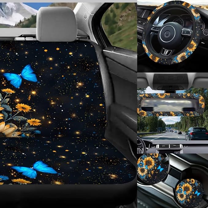 17 Pieces Butterfly Car Seat Covers Full Sets with Sunflower Universal Car Aaccessories,Butterflies Car Interior Set with Vehicle Trash Bag,Steering Wherl Cover,Seat Belt Shoulder Pad