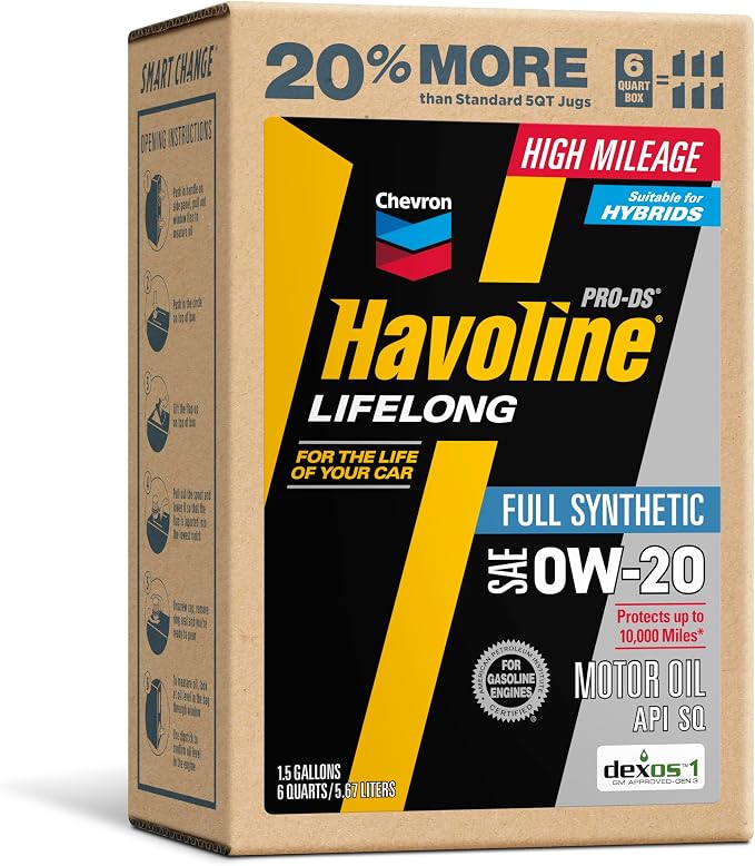 Havoline Motor Oil 0w20 PRO-DS Lifelong Full Synthetic Smart Change Engine Oil, 0W-20, 6 Quarts, Pack of 1