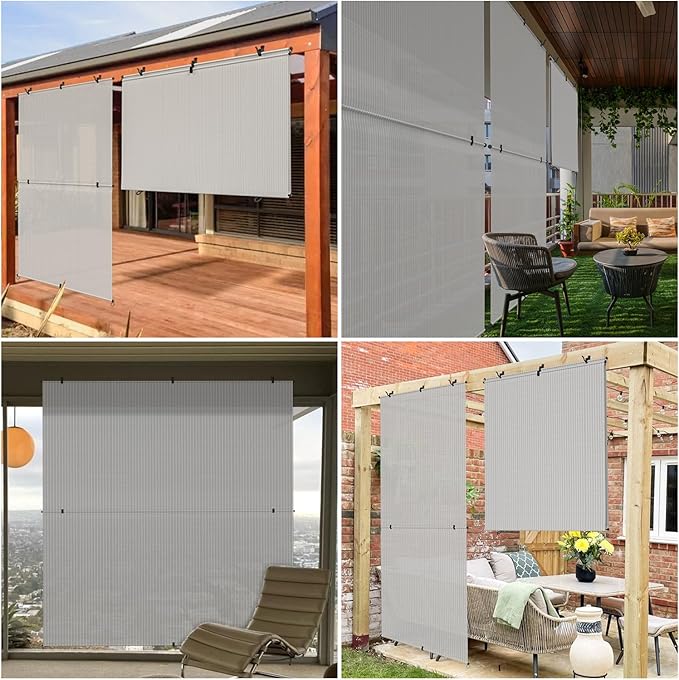 Patio Shades Roll Up Outdoor 8'Wx5'H Foldable Roller Shade Patio Blinds Exterior Block Sun Screen for Outside Porch Deck Balcony Pergola Carport, Light Grey