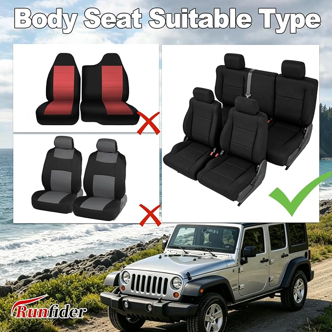 Custom Seat Covers for Jeep Wrangler Unlimited 4-Door 2008 2009 2010 Heavy Duty Cloth Protector Interior Accessories，Waterproof & Machine Washable, Foam Padded - Black（Front & Rear）