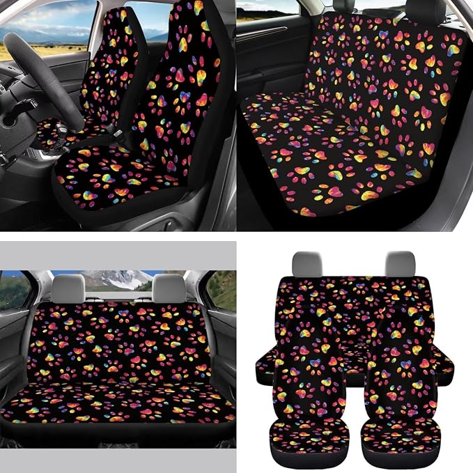 Colorful Dog Paw Car Seat Cover Set for Women, Car Steering Wheel Cover Seat Belt Pads Trash Bin Rearview Mirror Cover Cup Holder Wrist Key Chain, 15 PCS
