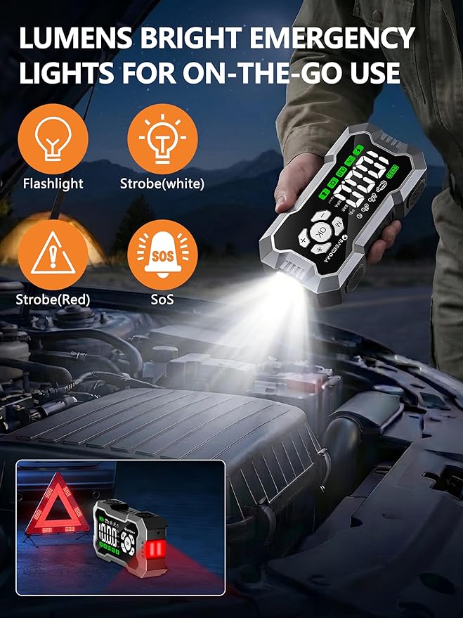 Jump Starter with Air Compressor, SPEEDORA 8000A Portable Car Battery Jump Starter for (All Gas/12L Diesel Engines), 160PSI Tire Inflator, 3.3" Screen,600LM Light, Jumper Cables,12V Car Booster Pack