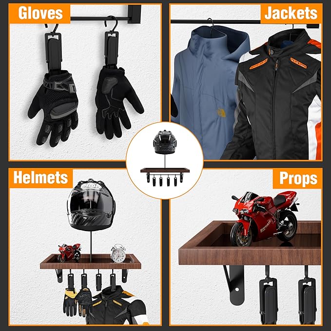 Motorcycle Helmet Holder Wall Mount, Heavy-Duty Metal Helmet Rack with Glove Clips & Gear Hanger, Universal Helmet Hanger Wall Mount for Motorcycle/Bike/Snowboard Helmets