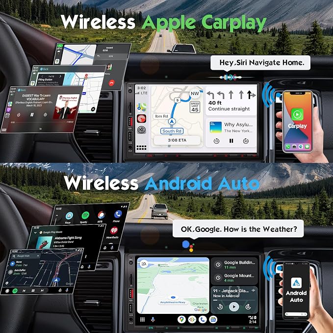 [Upgraded DSP & Hi-Fi Sound] 7'' Double Din Car Stereo, Wireless Apple CarPlay & Android Auto, 240W Peak Power Audio, 7 Inch HD Touchscreen, Bluetooth, Backup Camera, Pro Equalizer Sound Tuning