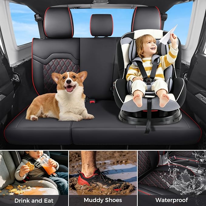 Huidasource Fit for GMC Sierra Back Seat Cover, Chevy Silverado Back Seat Cover 1500 2007-2013&2019-2026, 2020-2026 2500HD 3500HD Crew Cab WT LS LT, Sierra Rear Seat Covers Nappa Leather, Black＆Red
