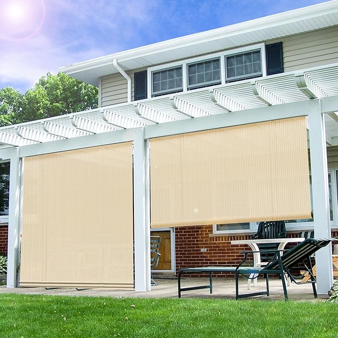 E&K Sunrise Outdoor Roll up Shade Blinds Roller Shade 4'Wx5'H Beige for Patio Porch Pergola Deck Gazebo Yard Privacy Screen Roll Down Blinds 90% Sun Blockage