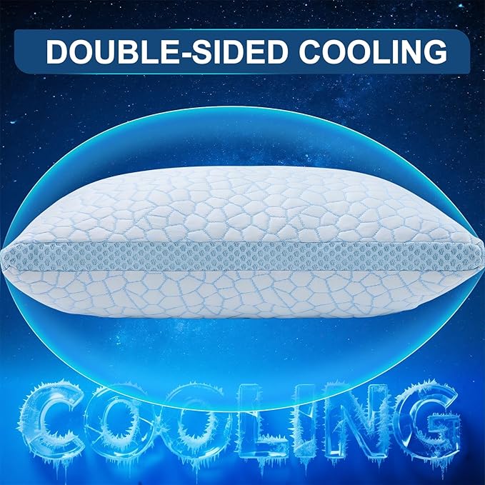 QUTOOL Enhanced Cooling Pillows for Sleeping, CertiPUR-US Shredded Memory Foam Pillows King Size Set of 2 for Hot Sleeper, Adjustable Bed Pillow for Side, Back, Stomach Sleepers Support Yet Soft, Blue