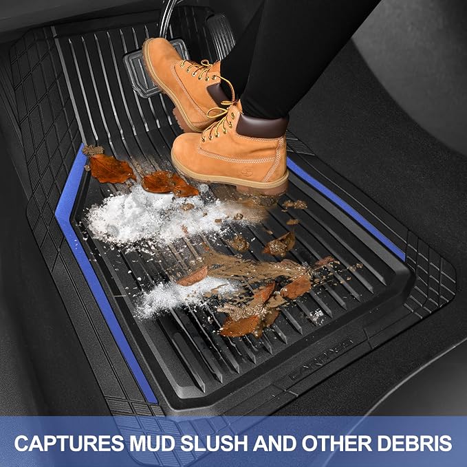 CAR PASS Heavy Duty Rubber Floor Mats for Car, Waterproof Liner Deep Dish Car Mats Full Sets, Universal Trim to Fit for SUV Truck Sedans Vans, All Weather Automotive Floor Mats 3pcs, Black Blue