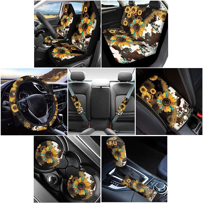 Wanyint Sunflower Aztec Leopard Cow Print Car Seat Cover Set 12 PCS, Front Back Car Seat Covers Steering Wheel Cover Armrest Pad Handbrake Cover Gear Shift Cover Seat Belt Pads Coasters Auto Decor
