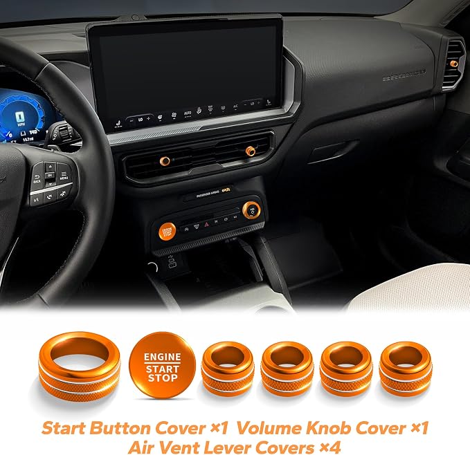 for 2025-2026 Ford Bronco Sport Accessories (Not for Bronco) 9PCS Aluminum Alloy Knob Cover Trim Set for Push Start, Volume, Air Vent Tabs, Headlight & Gear Shift Knob (Orange)
