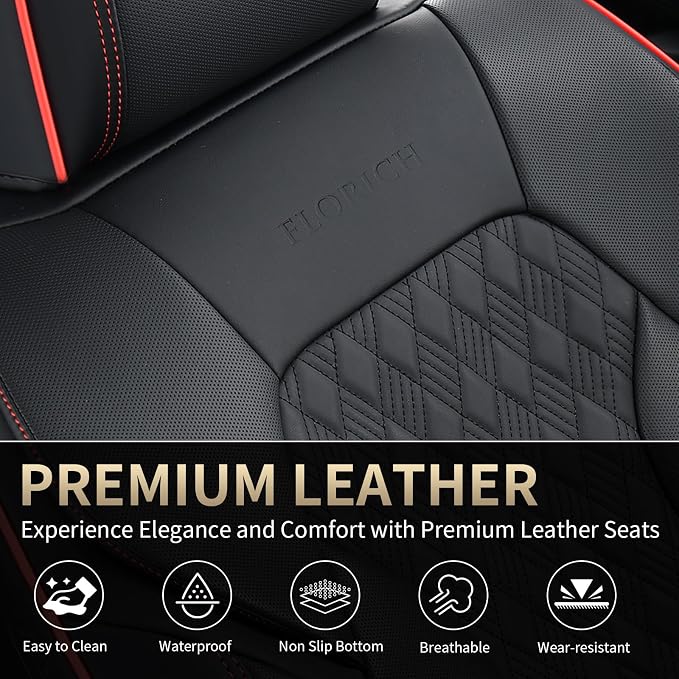 FLORICH Seat Covers, Car Seat Covers Full Set, Luxury Nappa Leather Seat Covers, Breathable and Waterproof Car Seat Protector 5 Seat, Automotive Seat Covers Universal Fit for Most Cars-BlackRedline