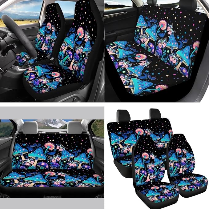 Hippie Mushroom Auto Seat Cover Set of 14,Mushroom Seat Covers for Front Rear Back Seats Protection+Butterfly Mushrooms Steering Wheel Cover+Seatbelt +Keychain+Interior Mirror Cover
