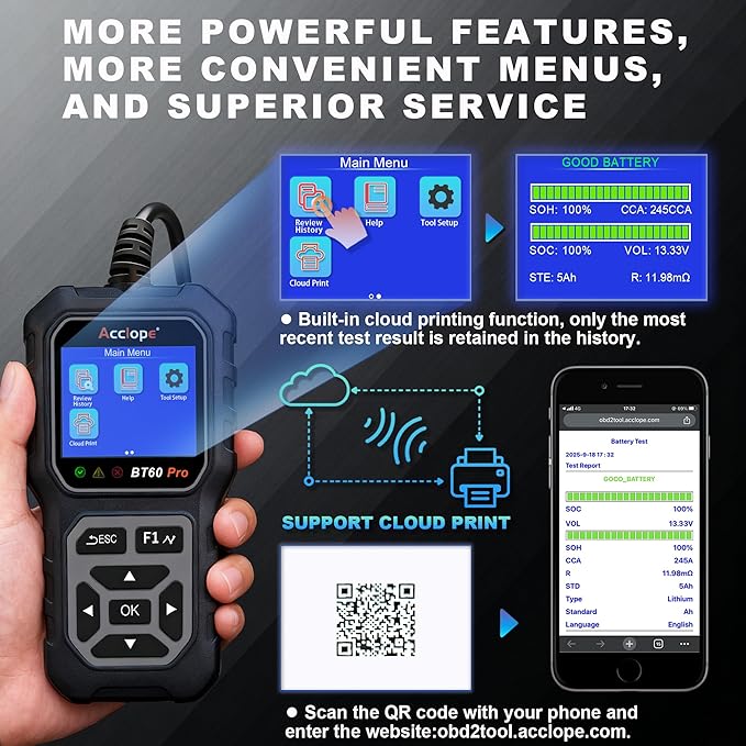 BT60 PRO Car Battery Tester 6V/12V/24V, 2–120Ah, 100–3000 CCA, AGM/Gel/Lithium, Alternator & Starter/Charging System Analyzer, QR Cloud Report (No App), Digital Checker