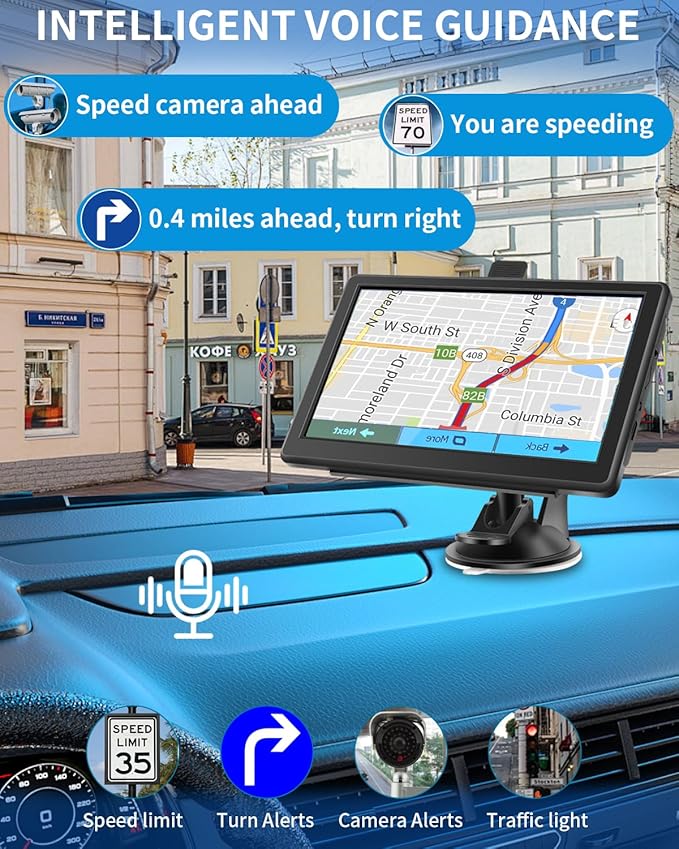 GPS Navigator for Car, Truck GPS with 7'' Touchscreen, Free Lifetime Updates, Car Navigation System with Turn-by-Turn Voice Guidance, Speed & Red Light Warning for All Cars (Black)