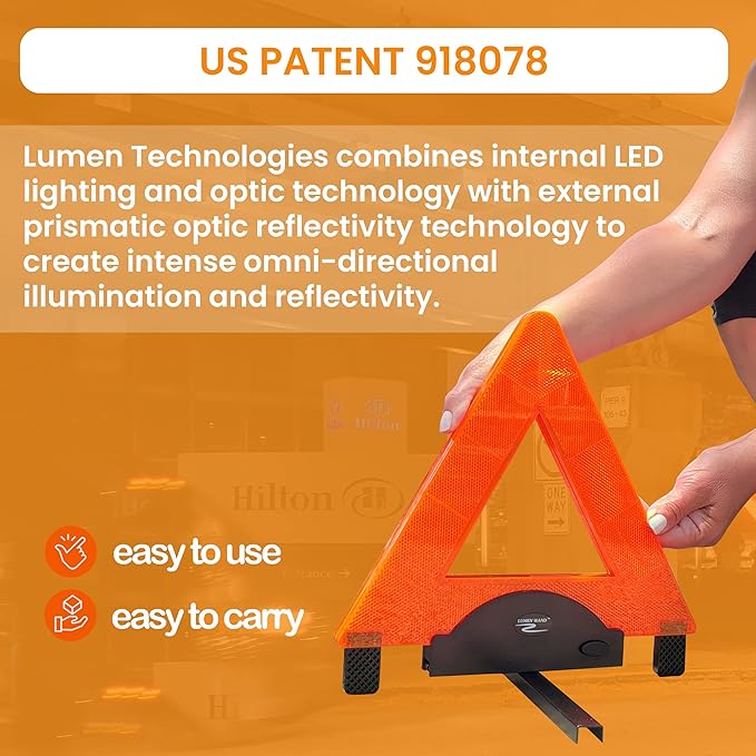 Reflective Warning Triangle with LED Lights for Road Safety by Lumen Wand | Metal Base | Internal LED with External Reflectors Emergency Triangle for Car Breakdowns