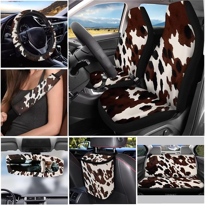 Brown Cow Print Car Accessories Set 12 Pcs Steering Wheel Cover Car Seat Belt Cover Car Trash Can Car Rear View Mirror Cover Car Cup Coasters Keychain Holder Keychains