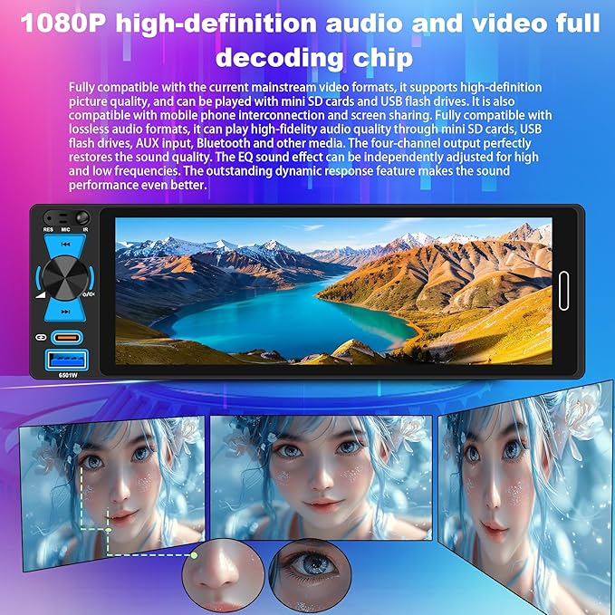 6.5" Single Din Car Stereo Wireless Apple CarPlay Android Auto, Car Radio Bluetooth 5.2, FM/AM/RDS, IPS HD Touchscreen, Type-C Fast Charging