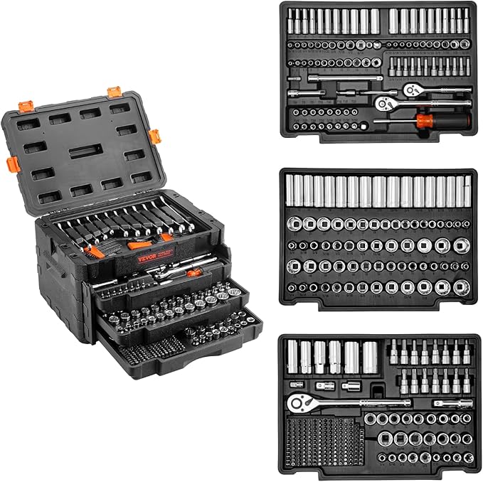 VEVOR Mechanics Tool Set and Socket Set, 1/4" 3/8" 1/2" Drive, 450 PCS | SAE and Metric Socket Wrench Set with 3-Drawer Tool Box, Tool Kit with Bits, Combination Wrench, Hex Wrenches, Accessories