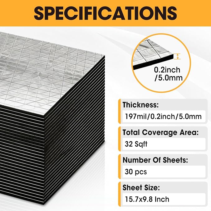 30 Pcs Sound Deadening Mat, 197 mil(5mm) 32 sqft Sound Deading Material for Cars, Automotive Sound Deadener Foam, Audio Noise Insulation and dampening