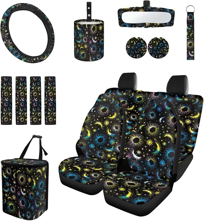 Sun and Moon 15 PCS Car Seat Cover Set with Auto Steering Wheel Cover Seat Belt Strap Protector Cup Holder Trash Bag Rear View Mirror Protector Keychain
