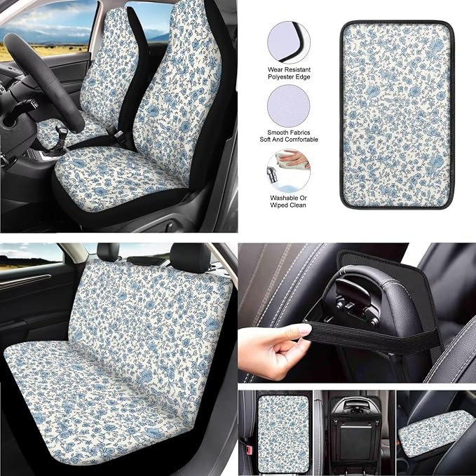 Blue Flower 13 PCS Car Seat Cover Classical Rural Blue Flower Set Seatbelt Pad Armrest Cushion Keychain Cup Holder Coaster Decor Hand Drawn Floral Accessory Fit Trucks SUV