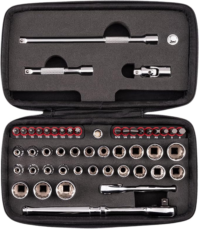 TEKTON 1/4 Inch Drive 12-Point Small Engine Shallow Socket, Bit, and Non-Quick-Release Ratchet Set with Case (50-Piece) | SKT07905