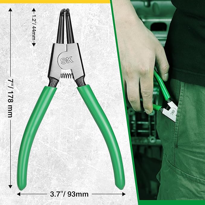 SK 7-Inch Snap Ring Pliers, External Circlip Pliers with 90-Degree Bent Jaw, Tip Diameter 0.07'', Premium CR-V Steel