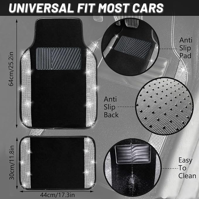 NBTEPEM Bling Car Floor Mats Full Set and Steering Wheel Cover, Universal Fit Most Cars, 4 pcs Sparkle Glitter Diamond Carpet, 5 pcs Bling Car Accessories Set for Women (Silver Diamond)