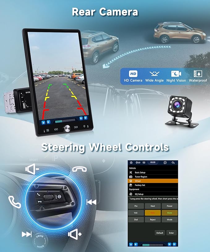 10.4 Inch Single Din Car Radio, Wireless CarPlay Android Auto, 1 Din 2.5D Detachable Touchscreen Car Stereo, Bluetooth FM EQ USB SWC, Support Mirror Link & Backup Camera