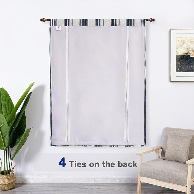 DriftAway Chris Double Layer Linen Blackout Tie Up Curtains Thermal Insulated Fully Lined Vertical Striped Balloon Roman Shade Bathroom Window Adjustable Rod Pocket 45 Inch by 63 Inch Ivory Dark Blue
