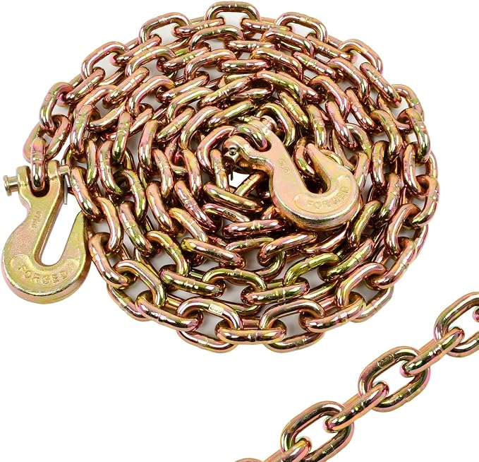 Heavy Duty G80 Transport Binder Chain, 3/8'' Inch x 10 Feet, Tow Chain with G70 Clevis Grab Hooks, 7100 lbs Safe Working Load, Yellow