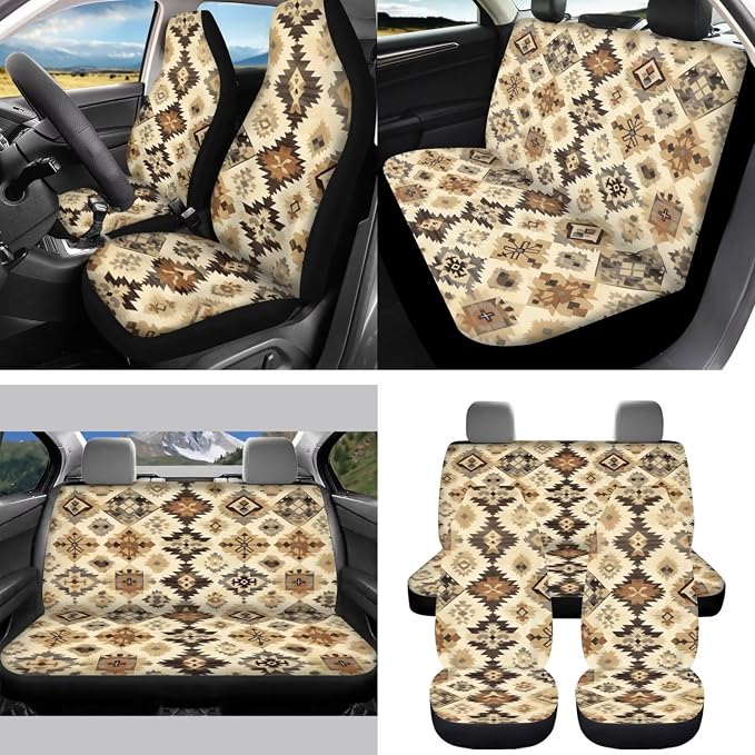 Southwest Aztec Car Accessories Car Seats Cover Protector, Steering Wheel Covers, Seatbelt Cover, Car Trash Can, Cup Coasters, Rearview Mirror Cover, Keychains, Pack of 15
